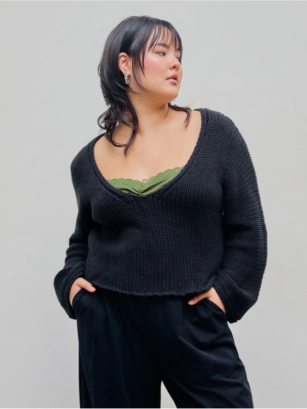 Cider Black V-Neck Knit Sweater with Olive Accent